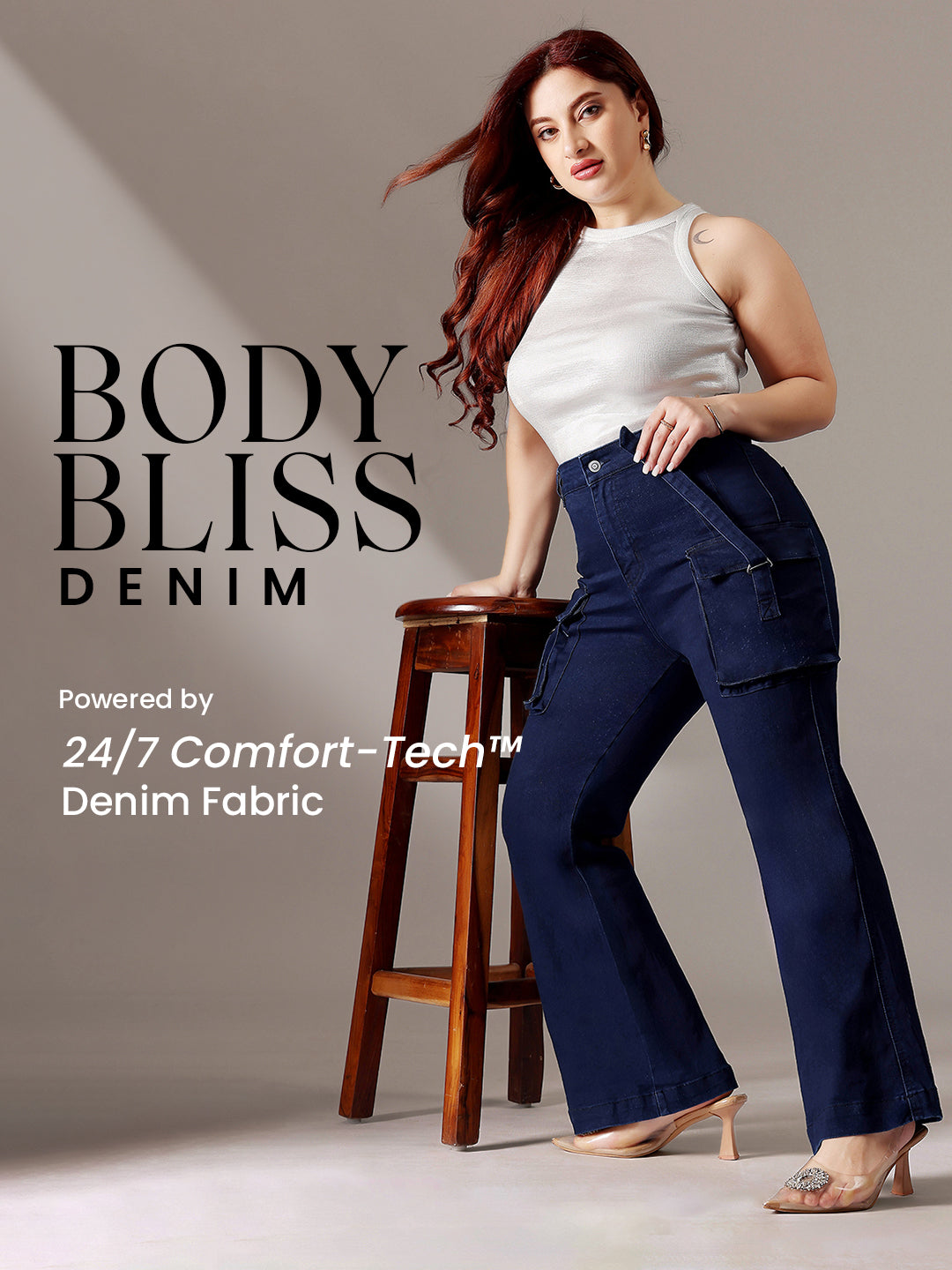 Body Bliss Navy-Blue Bootcut High-Rise Clean-Look Stretchable Denim Jeans for Women