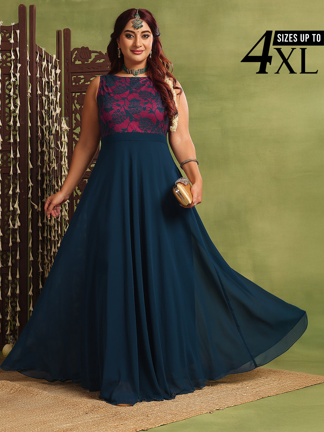 Teal & Dark Pink Sleeveless Fit and Flare Lace Dress for Women