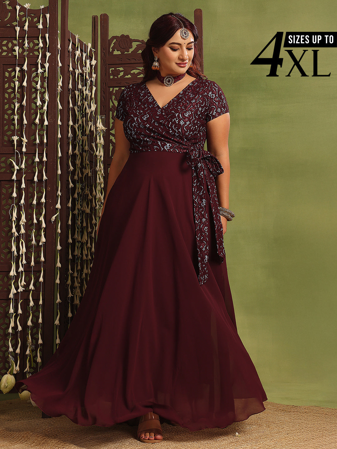 Wine Short Sleeves Wrap Fit and Flare Dress with Lace Belt for Women