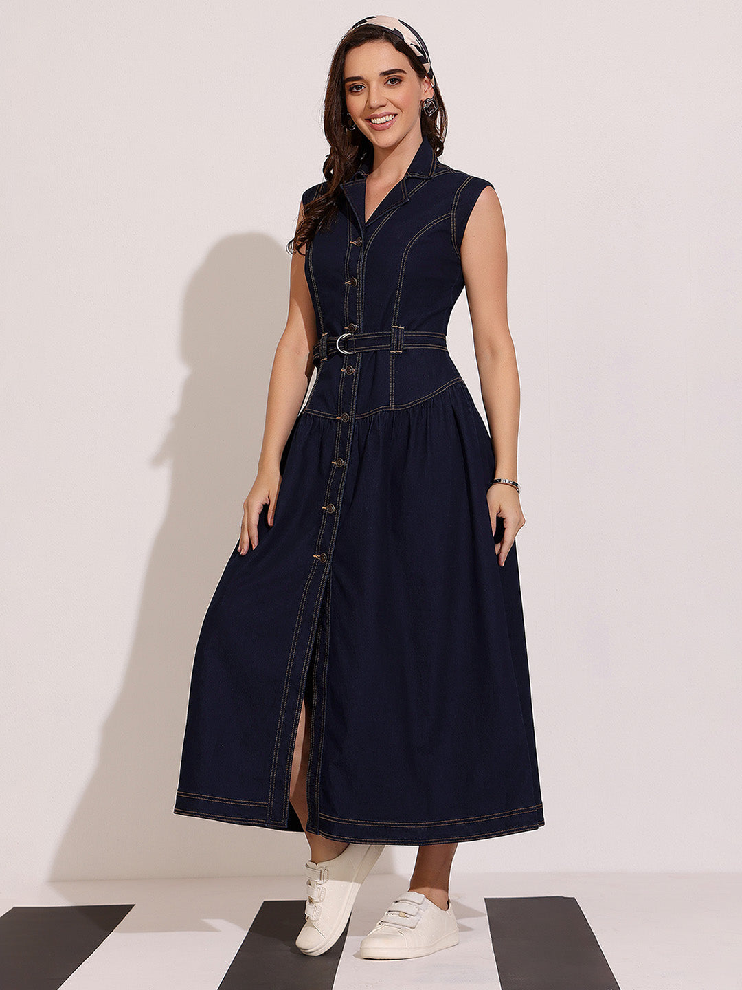 Women's Dark Blue Notched-Collar Sleeveless Solid Drop Waist Maxi-Length Light Weight Denim Shirt Dress