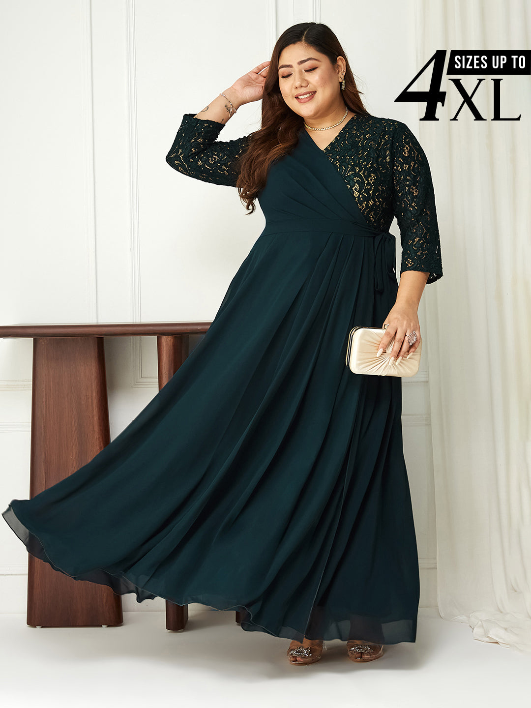 Teal Long Sleeves Lace Wrap Maxi Dress for Women