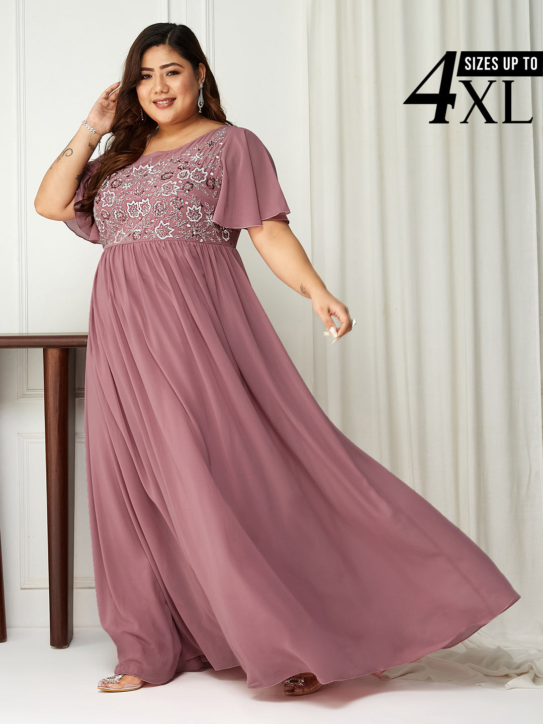 Body Bliss Lavender Sequin Embroidery Georgette Maxi Dress for Women