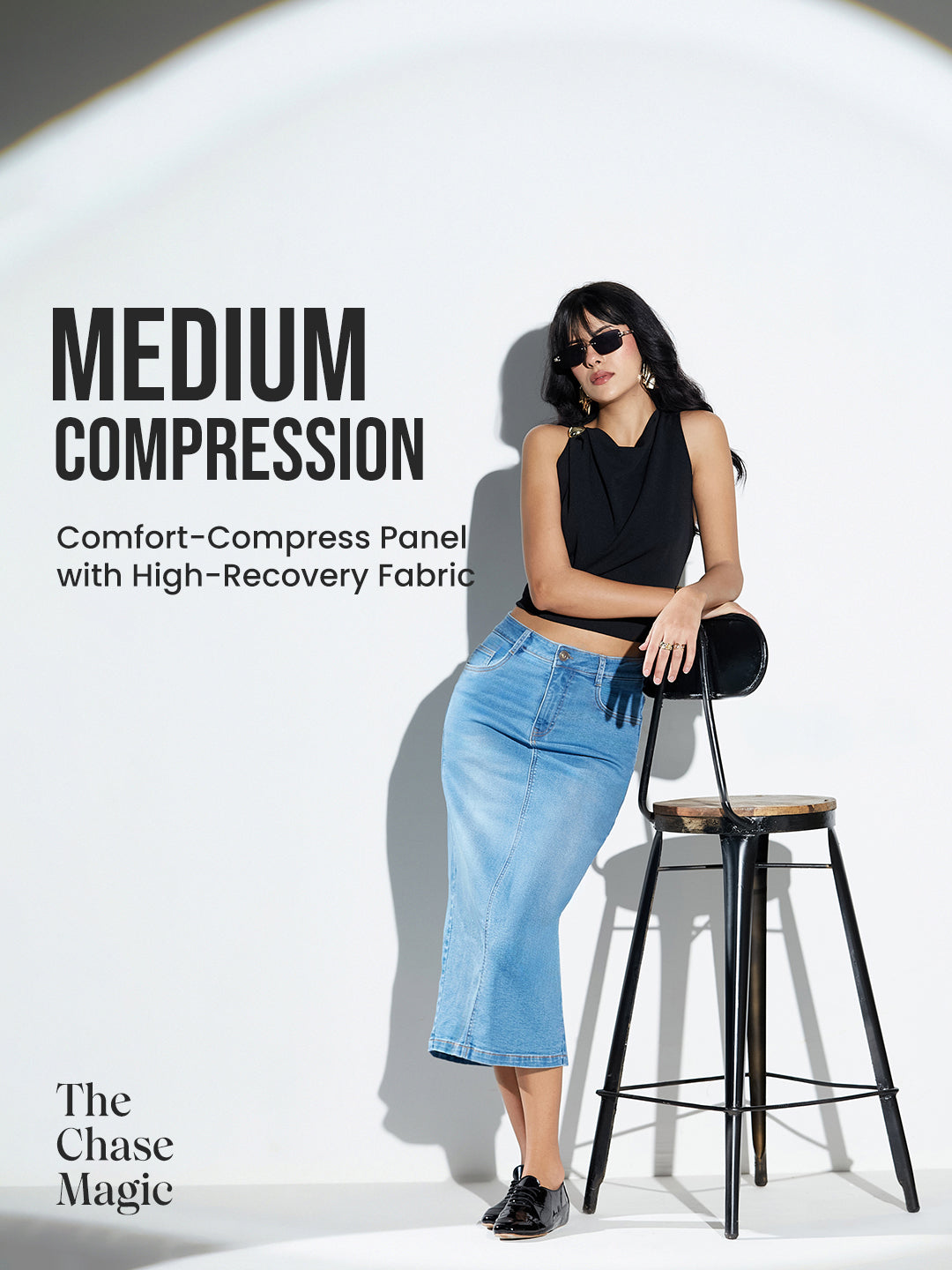 CHASEshape™ Mild Compression Bodycon High-Rise Mid-Blue Denim Skirt