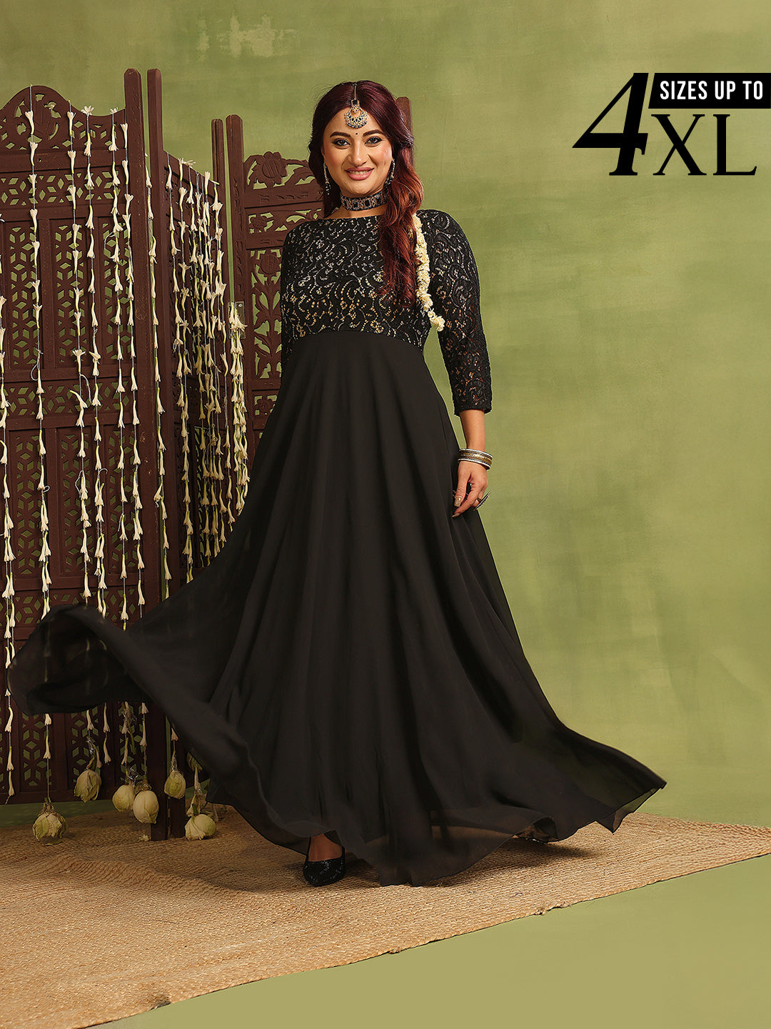 Black Boat Neck Lace Fit and Flare Maxi Dress for Women