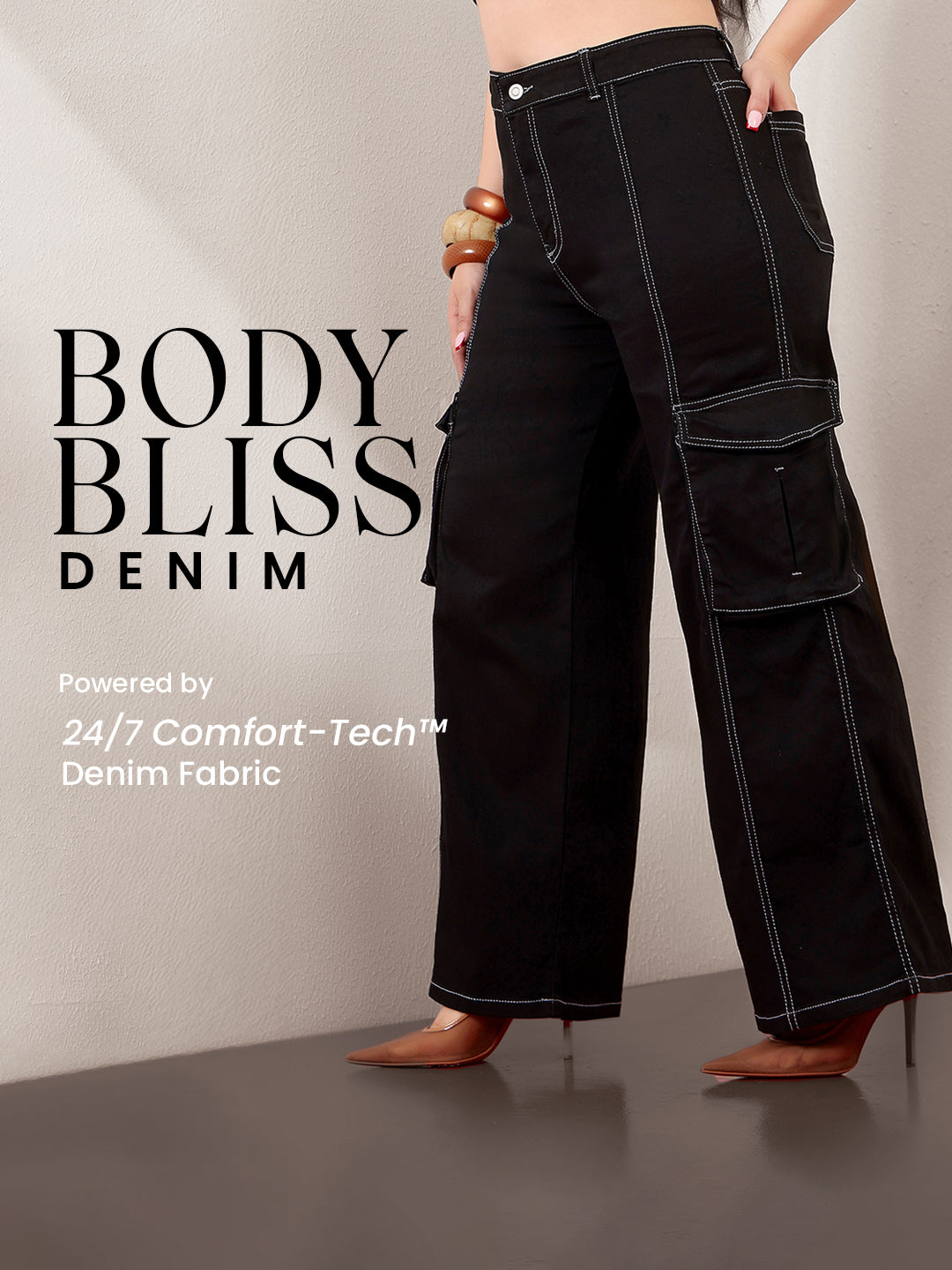 Body Bliss Black Wide-Leg High-Rise Clean-Look Stretchable Patch-Pocketed Denim Jeans for Women