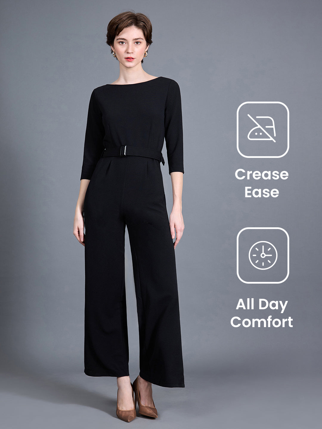 Women's Black Round Neck 3/4 Sleeve Solid Belted Wide leg Side Slit Maxi Jumpsuit