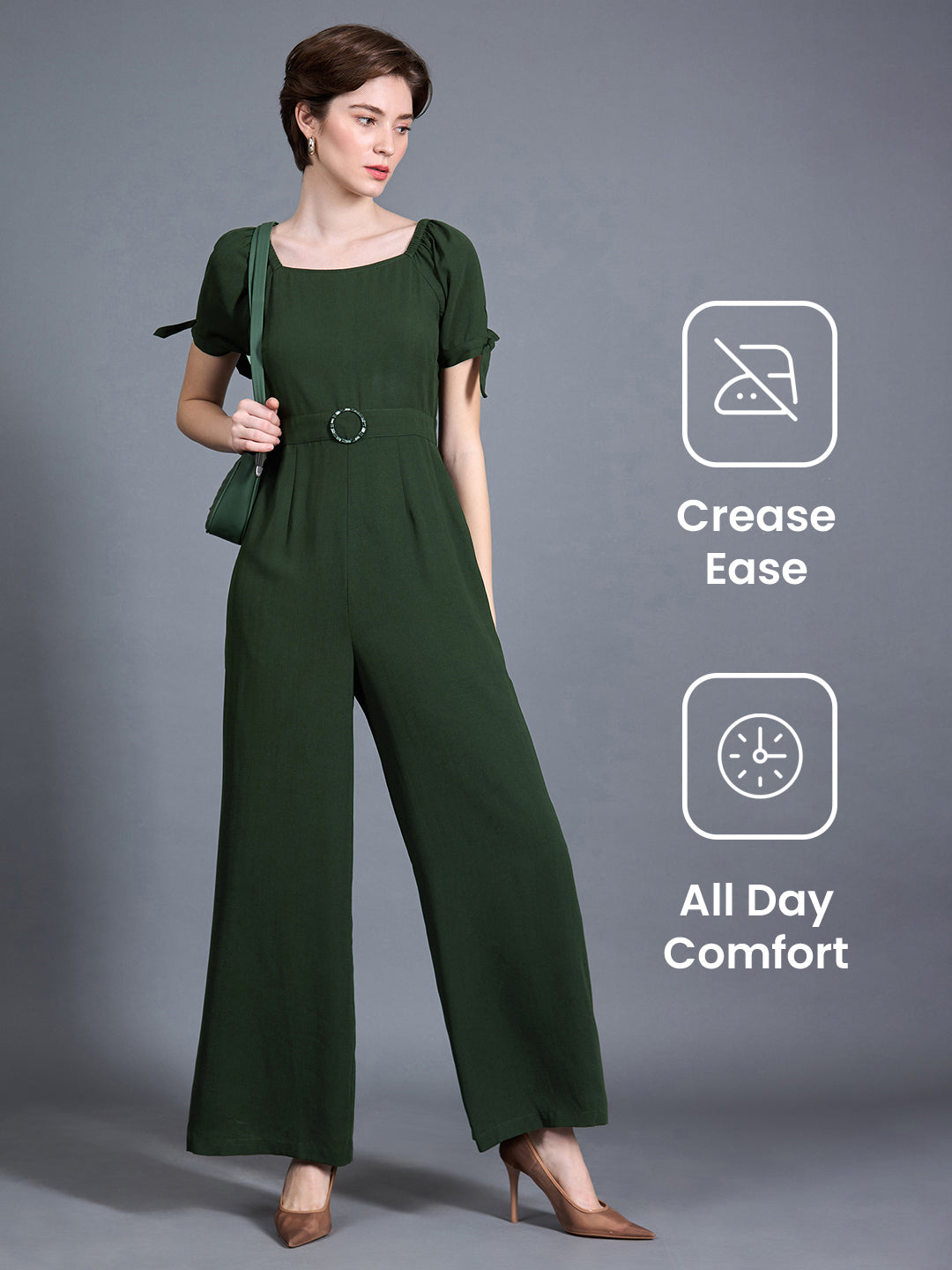 Women's Dark Green Square neck Puff sleeve Solid Wide Leg Regular Jumpsuit