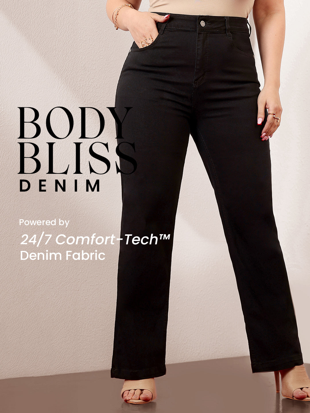 Body Bliss Black Straight-Fit High-Rise Stretchable Denim Jeans for Women