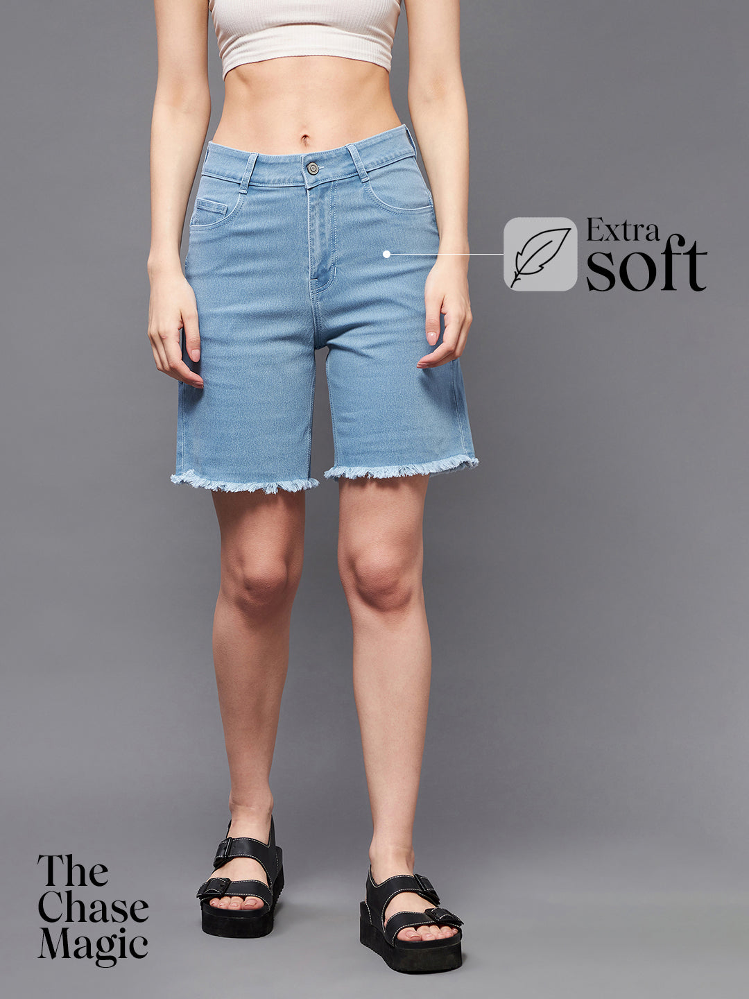 Light-Blue Regular High-Rise Clean-Look Above Knee Stretchable Denim Shorts for Women