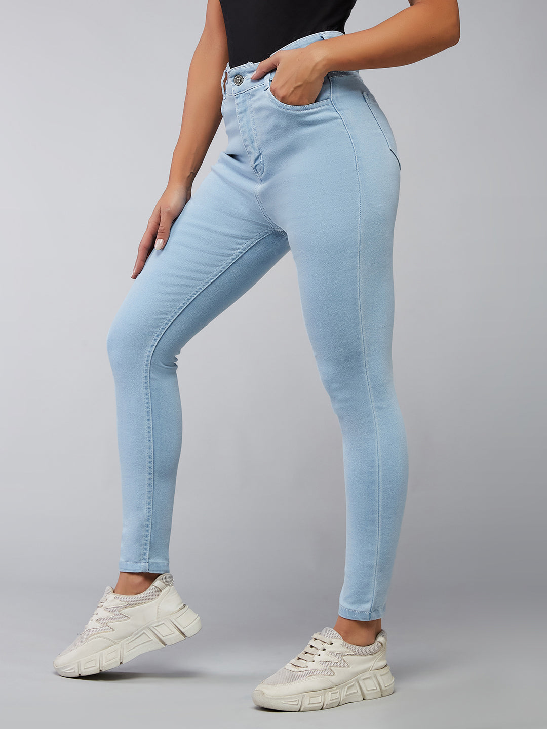 24/7 Comfort Light Blue Skinny Fringed Hemline Detailing High-Rise Cropped Solid Stretchable Denim Jeans