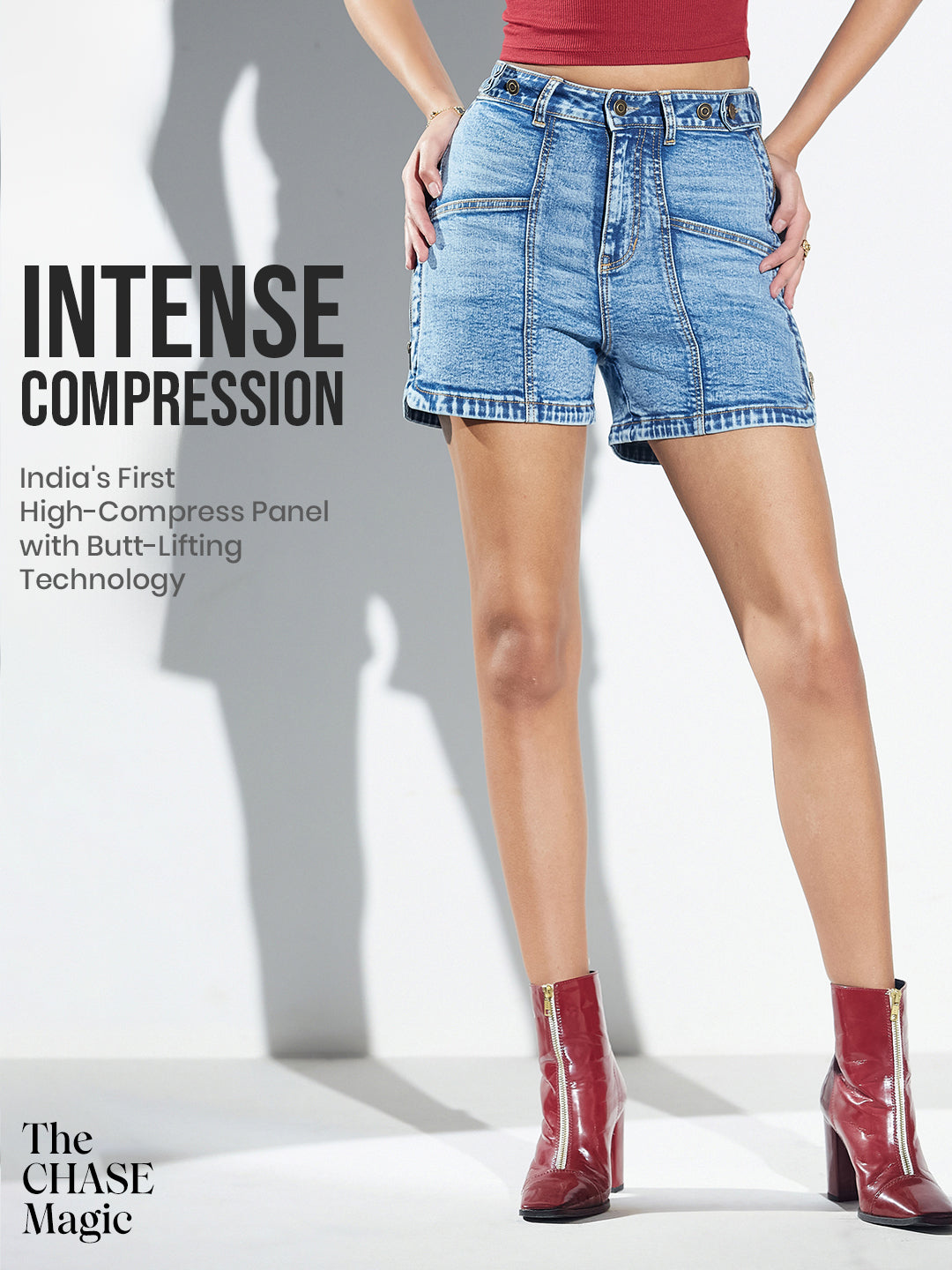 CHASEshape™ Butt-Lifting Flared High-Rise Mid-Blue Denim Shorts