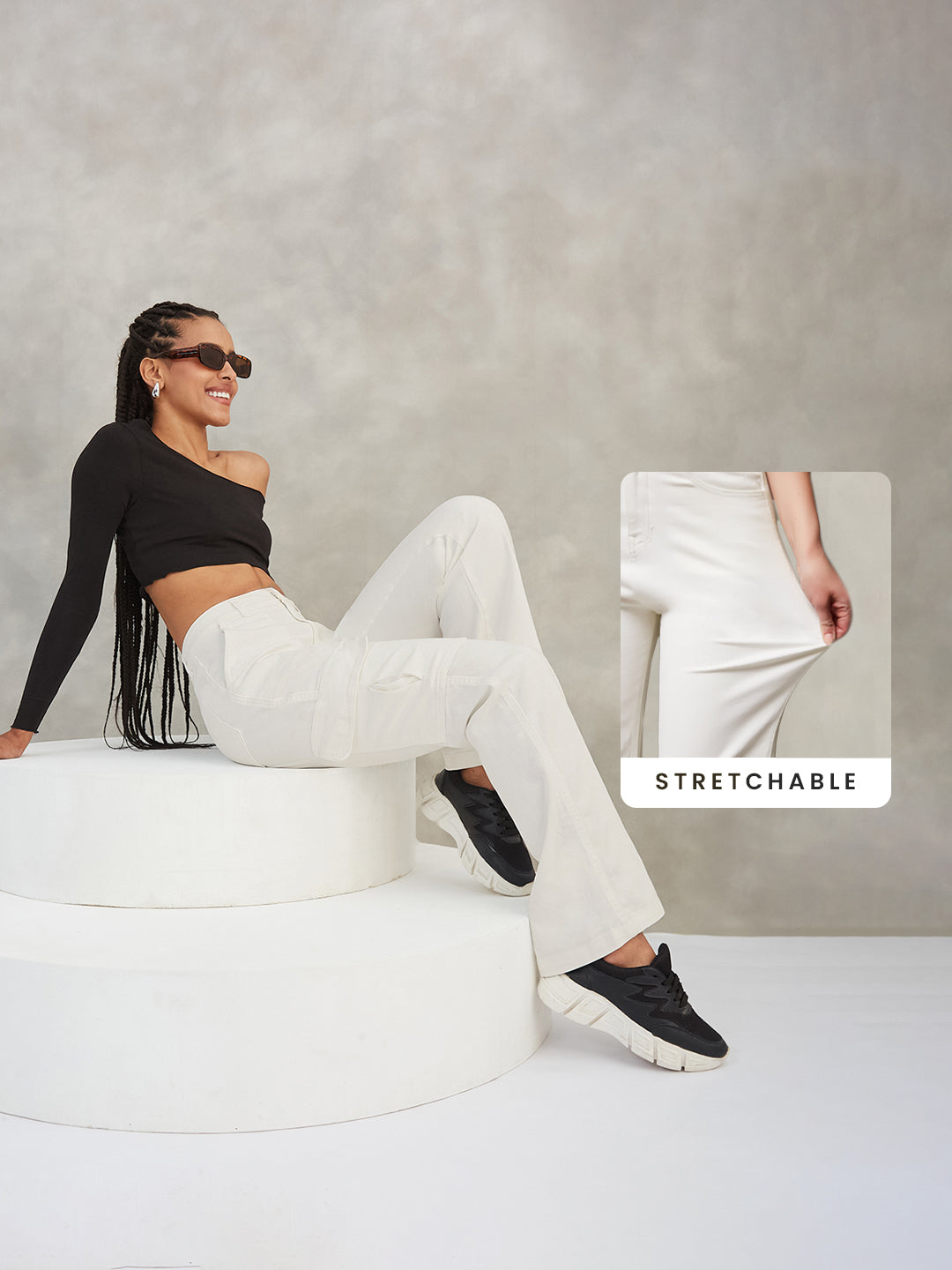 CHASEstretch™ White Wide-Leg High-Rise Stretchable Denim Jeans for Women