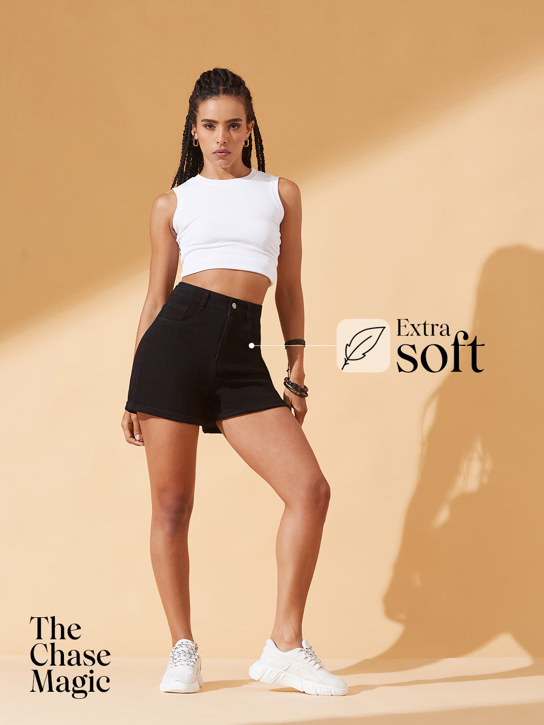 Black Flared High-Rise Stretchable Denim Shorts for Women