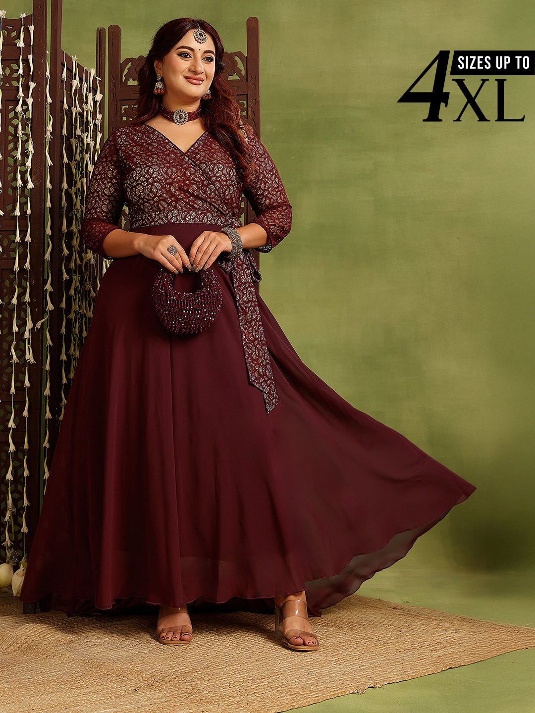 Wine Long Sleeves Fit and Flare Wrap Maxi Dress with Lace Belt for Women