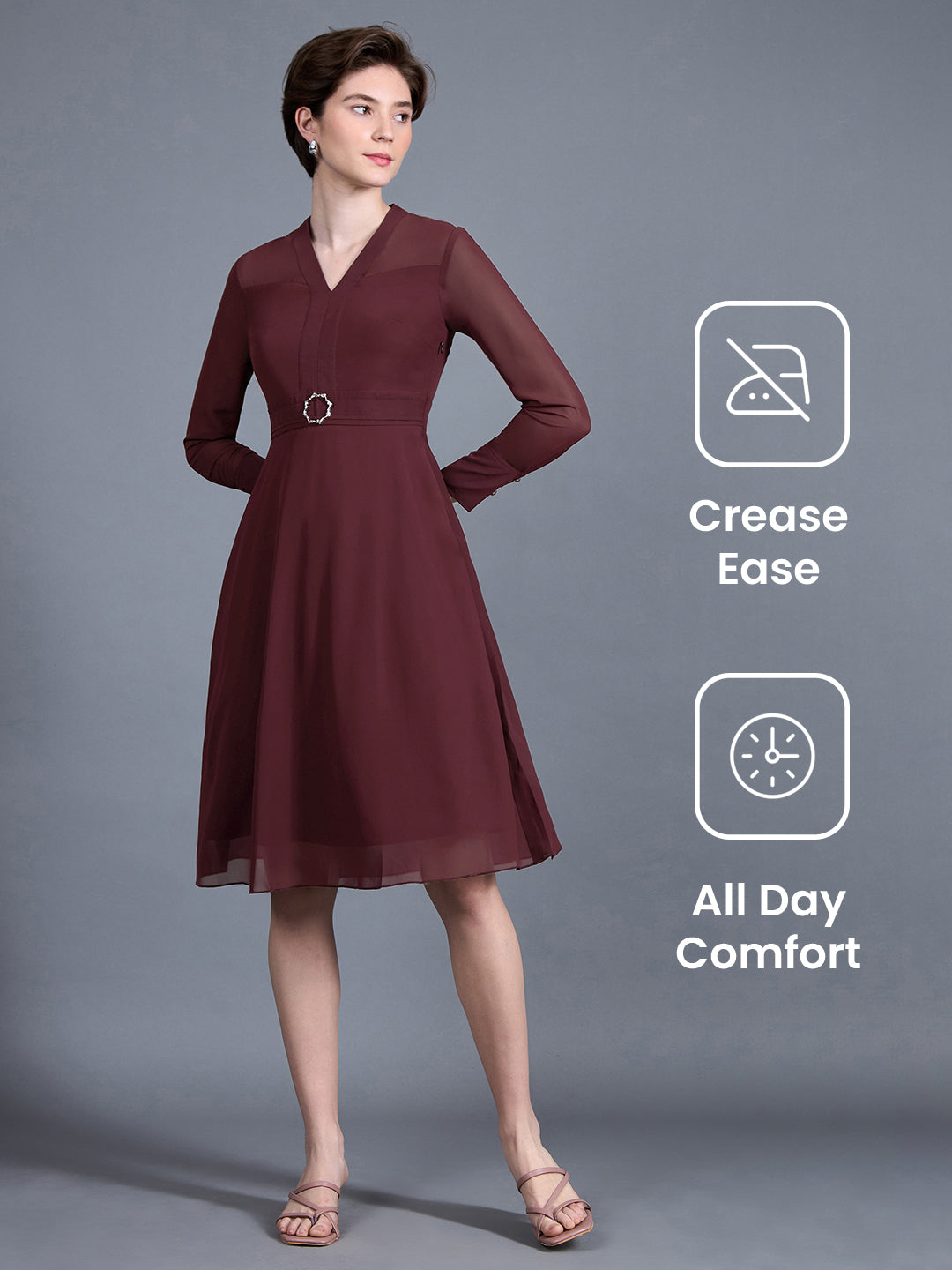 Women's Wine Red V-Neck Full Sleeve Solid Fit & Flare Midi Dress