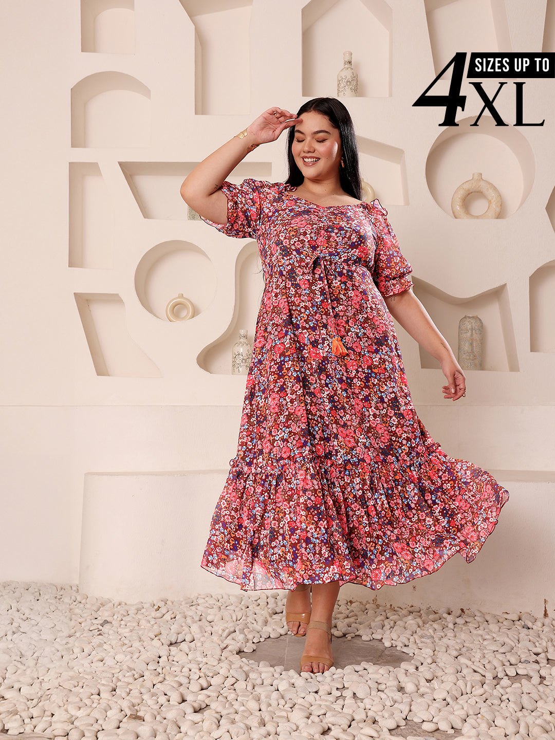 Multicolored-Base-Wine V-Neck Puff-Sleeves Floral Ruching Ankle-Length Dress for Women