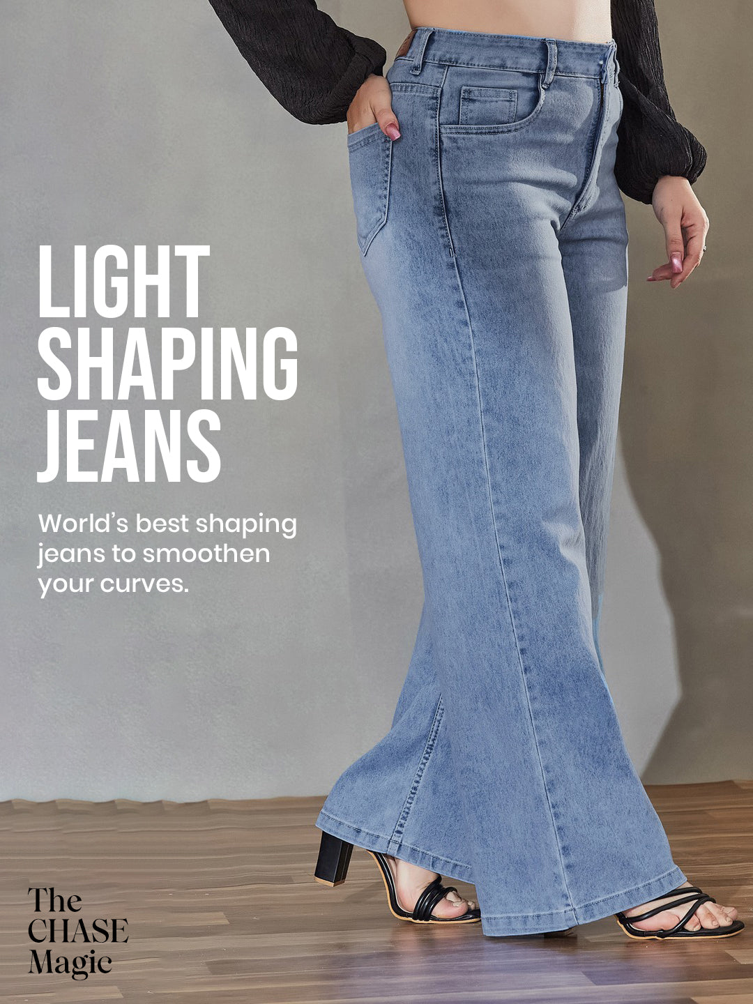 CHASEshape™ Light Blue Wide-Leg High Rise Stretchable Denim Jeans for Women