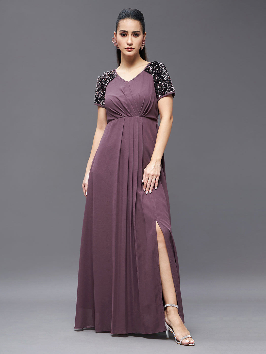 Mauve Half Sleeves Sequinned Fit and Flare Maxi Dress Long Dress Gown Frock for Women | Cocktail Hour Edit