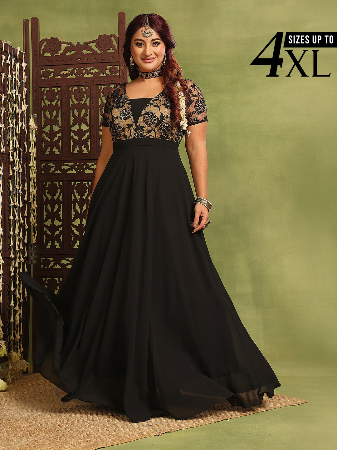 Black Short Sleeves Lace Fit and Flare Maxi Dress for Women