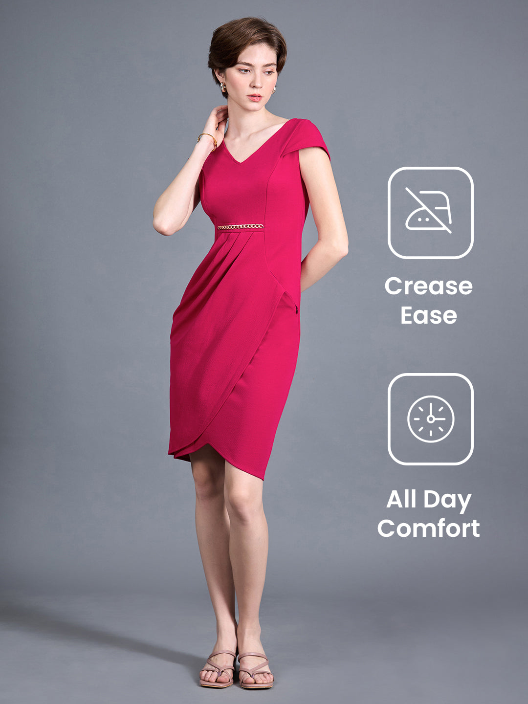 Women's Pink Solid V Neck Cap Sleeves Polyester Side Pocketed Knee Long Dress