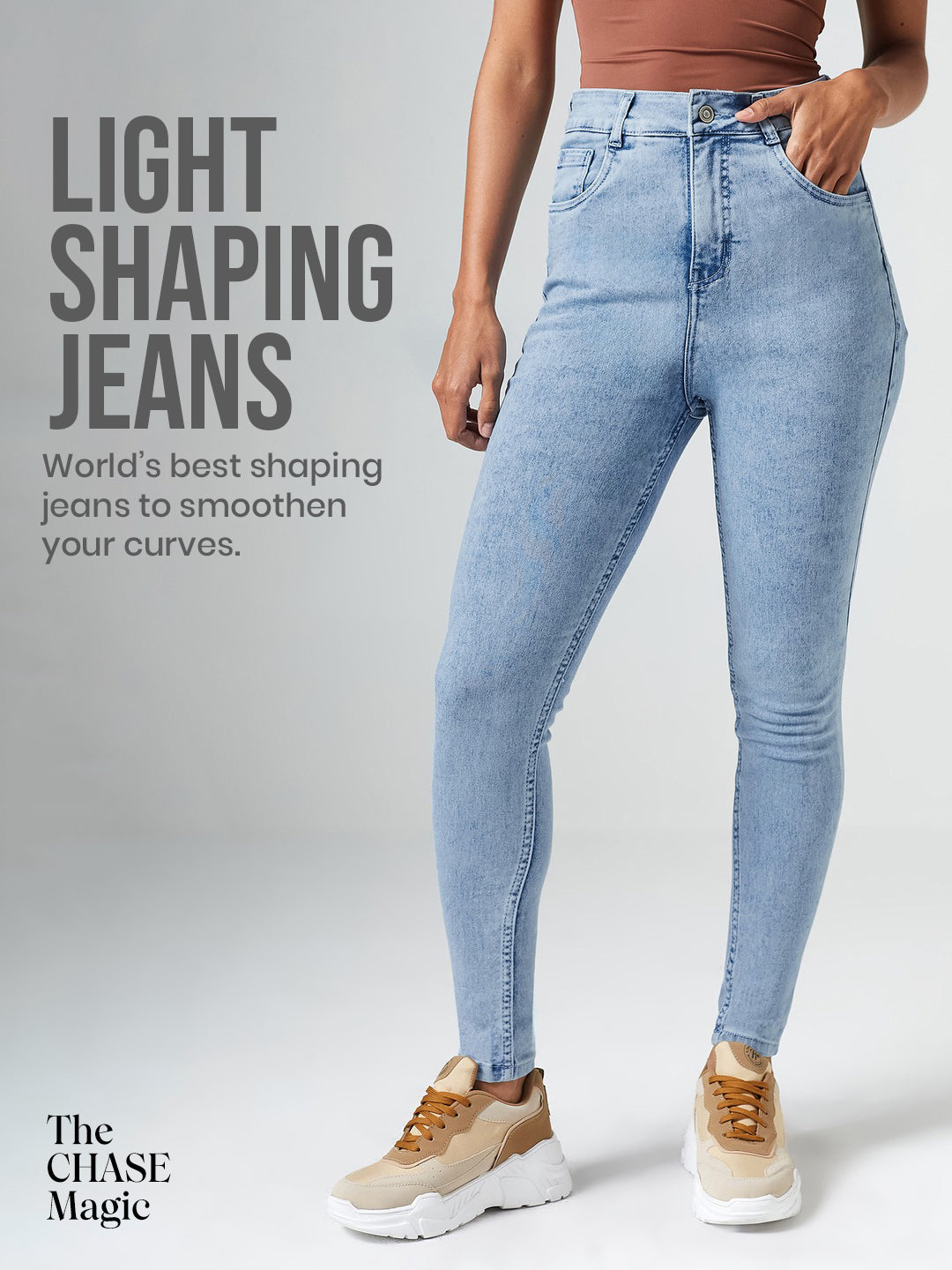 CHASEshape™ Light-Shaping Blue Skinny-Fit High-Rise Clean-Look Regular-Length Stretchable Denim Jeans for Women