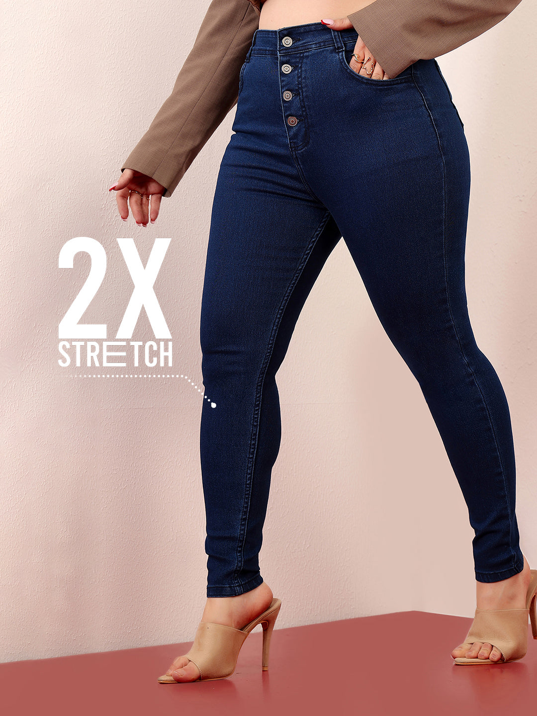 24/7 Comfort Navy-Blue Skinny-Fit High-Rise Regular-Length Stretchable Denim Jeans for Women