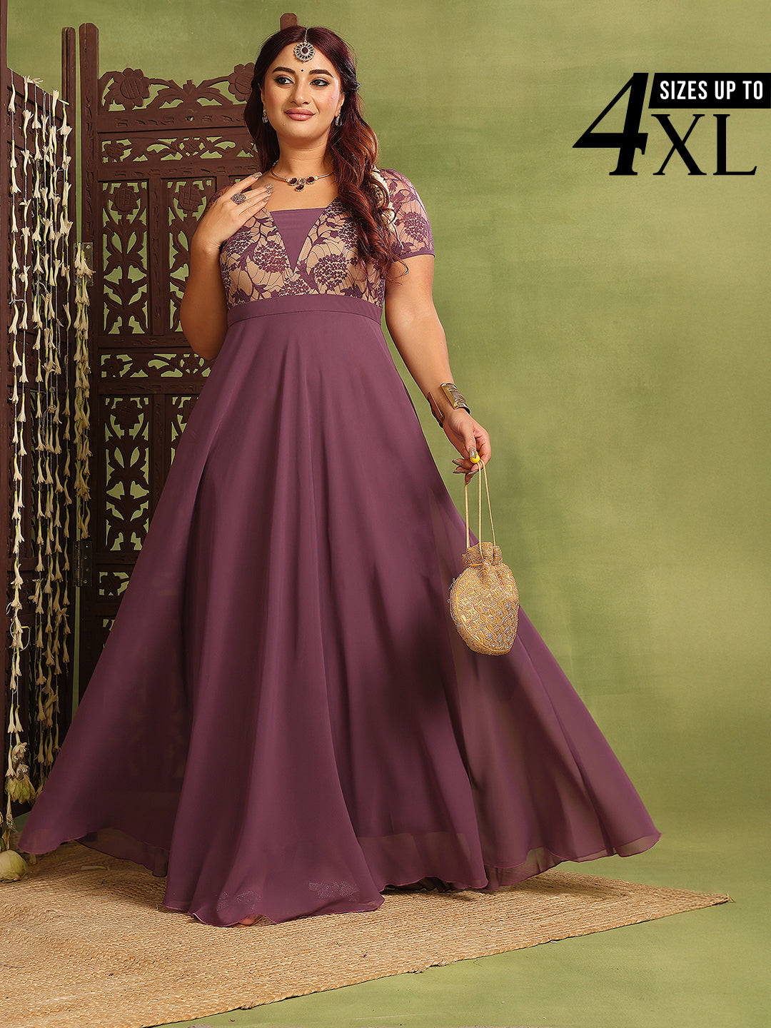 Mauve Short Sleeves Lace Fit and Flare Maxi Dress for Women