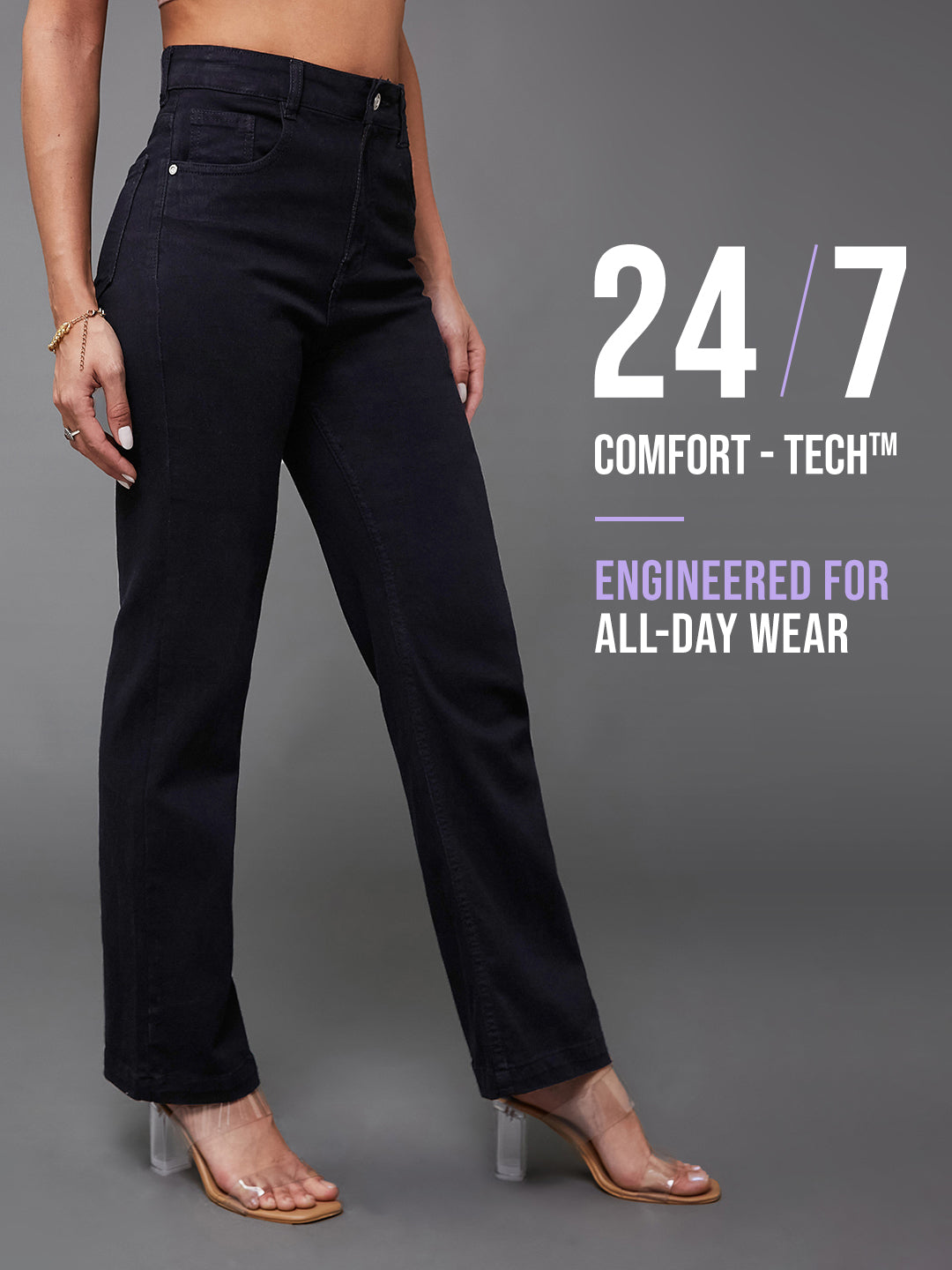 24/7 Comfort Black Straight-Fit High-Rise Stretchable Denim Jeans for Women