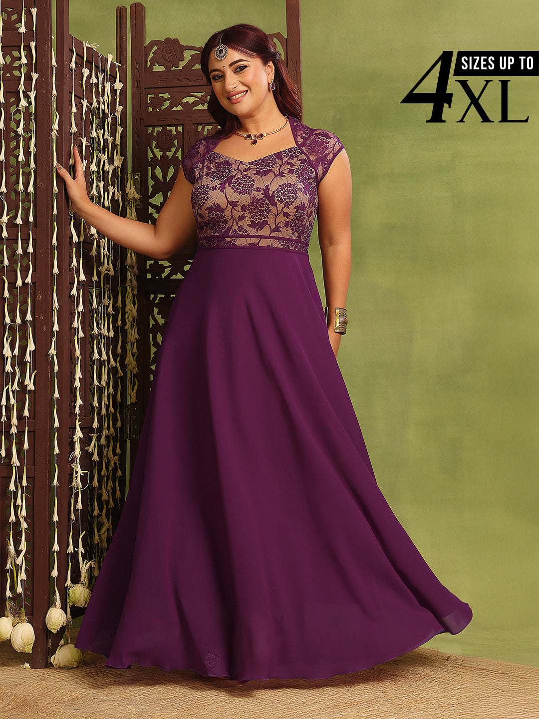 Dark Purple Floral Cap Sleeves Fit and Flare Lace Maxi Dress for Women