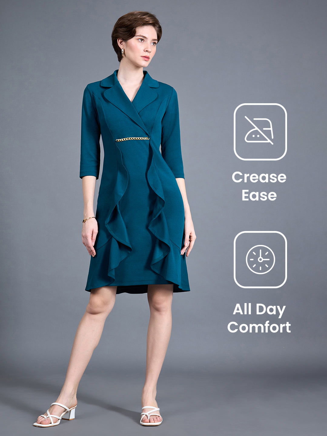 Women's Teal Solid Notched Collar 3/4 Sleeve Blazer Polyester Knee-Long Dress