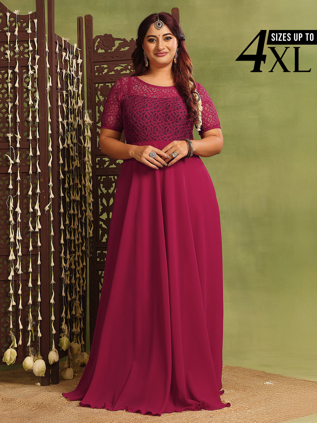 Dark Pink Short Sleeves Lace Fit and Flare Maxi Dress for Women