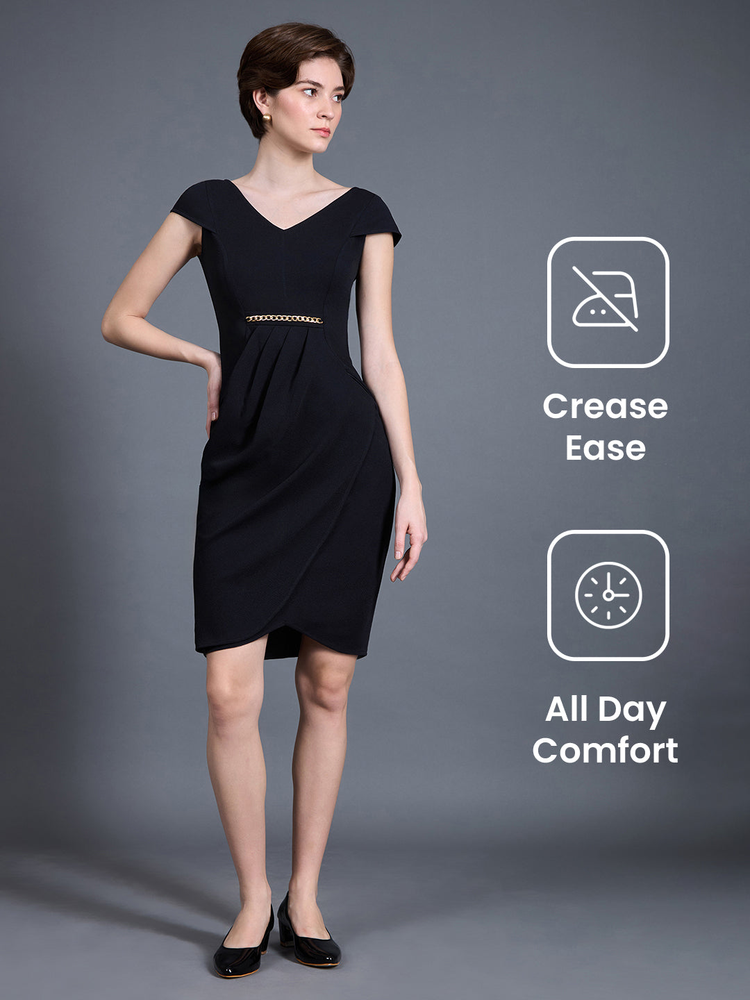 black polyester dress Women's Black Solid V Neck Cap Sleeves Polyester Side Pocketed Knee Long  Dress