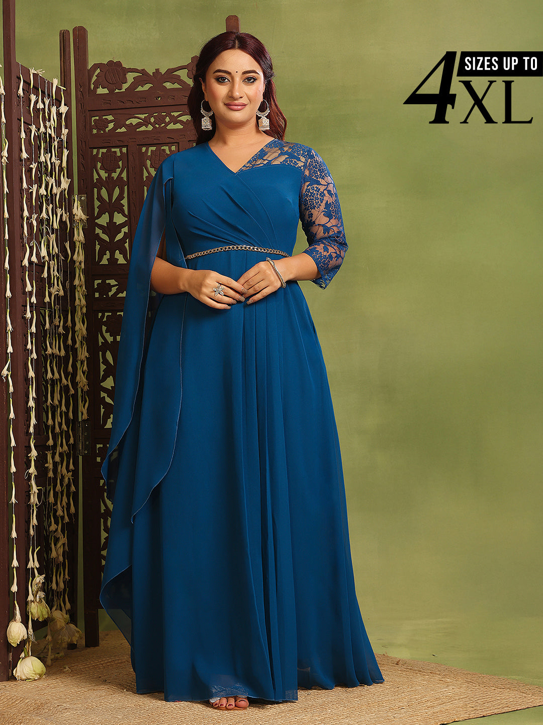 Royal Blue Assymetric Long Sleeves Lace Maxi Dress for Women