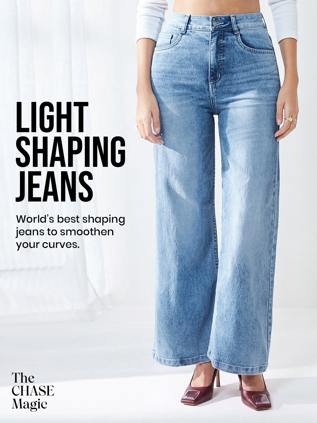CHASEshape™ Light-Shaping Light Blue Wide-Leg High Rise Stretchable Jeans for Women