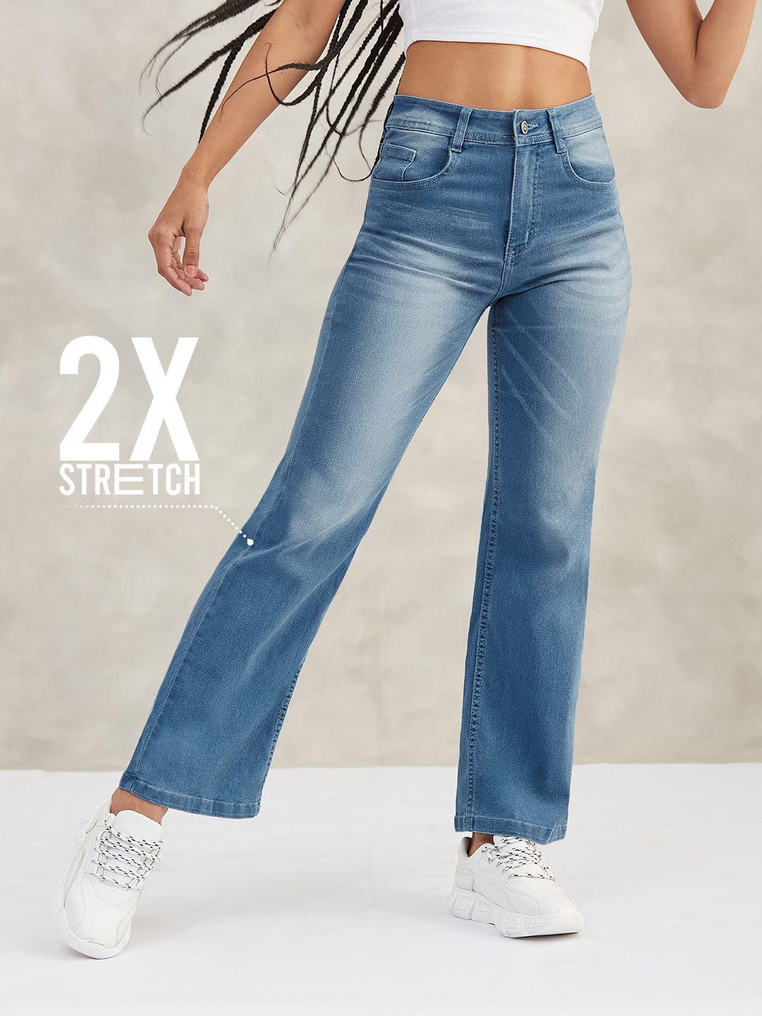 CHASEstretch™ Light-Blue Wide-Leg Mid-Rise Blast-Effect Lightweight Denim Jeans for Women