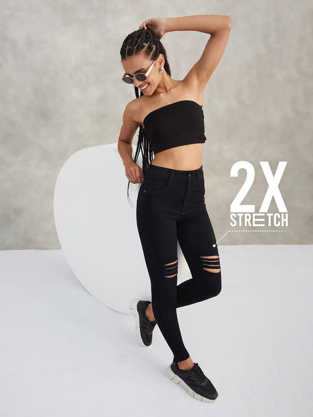 CHASEstretch™ Black Slim-Fit High-Rise Mild-Distress Ripped Denim Jeans for Women
