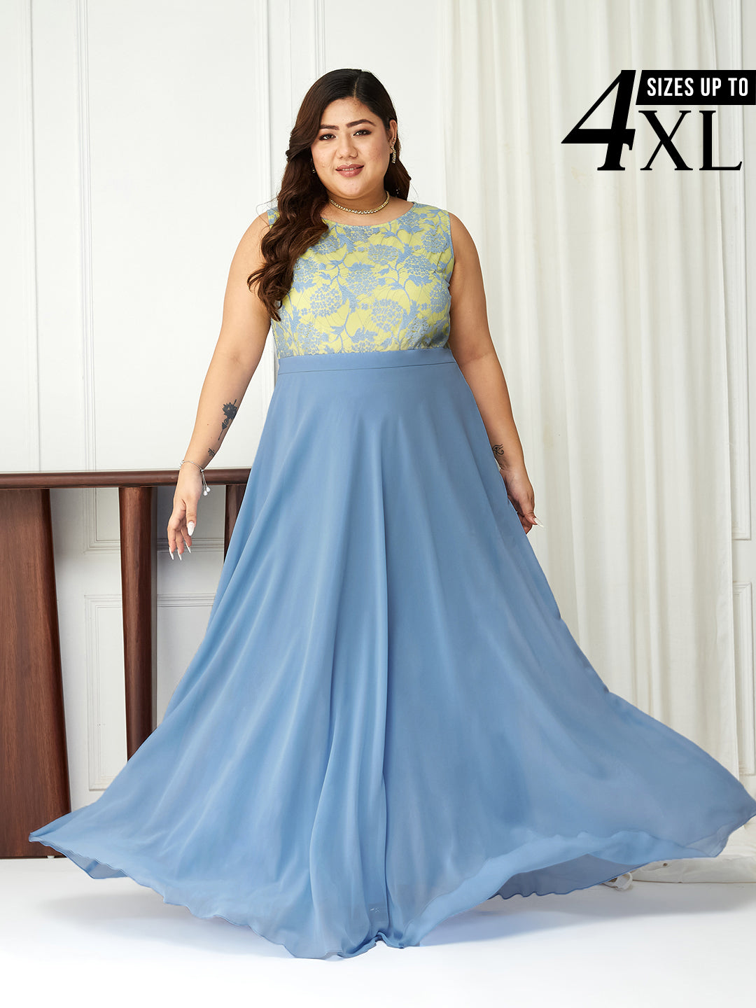 Sky Blue & Yellow Sleeveless Fit and Flare Lace Dress for Women