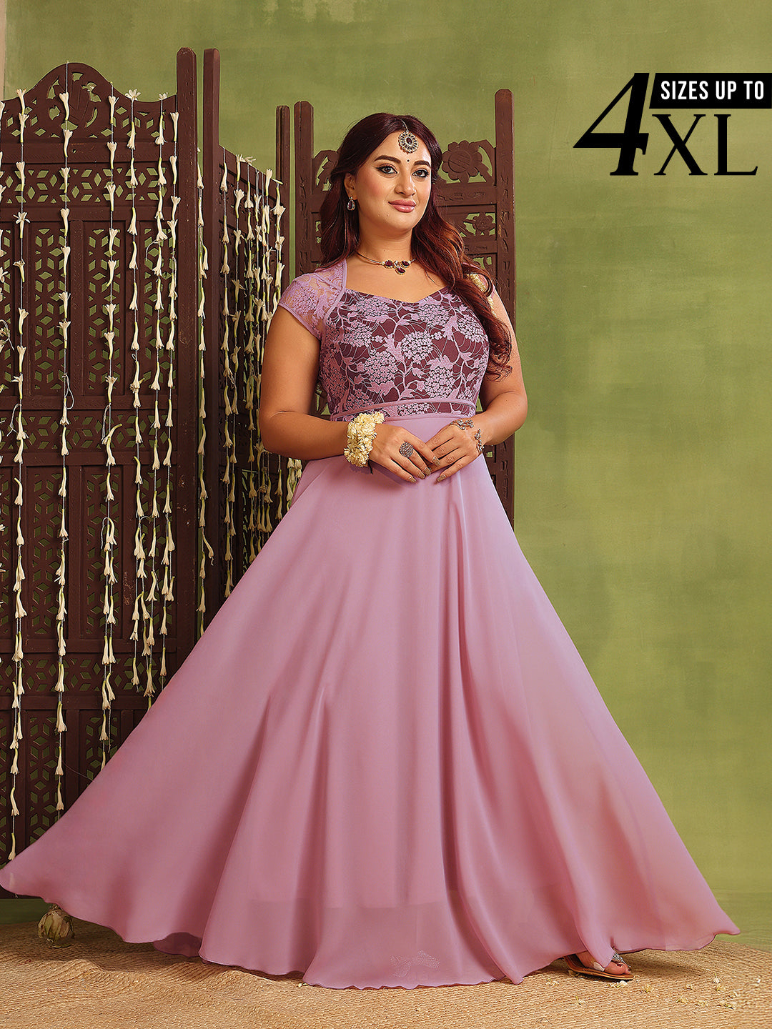 Lavender Floral Cap Sleeves Fit and Flare Lace Maxi Dress for Women