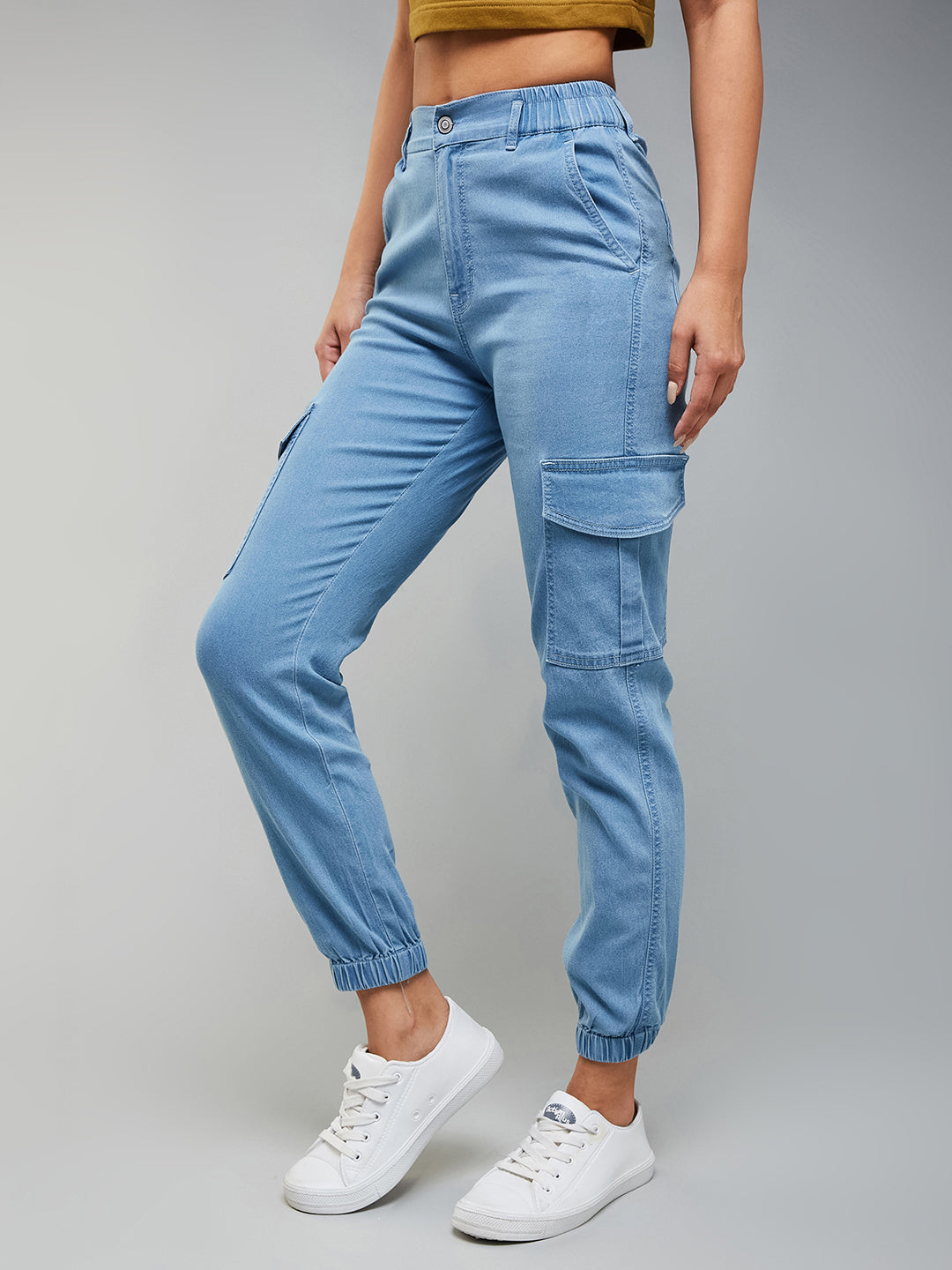 Women's Light Blue Regular High-Rise Light Weight Stretchable Denim Joggers