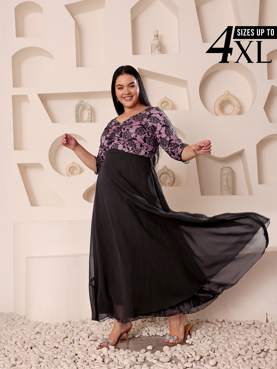 Black Long Sleeves Lace Empire Maxi Dress for Women