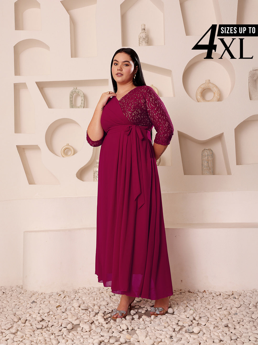 knee length dresses for ladies Dark Pink Long Sleeves Lace Wrap Maxi Dress for Women