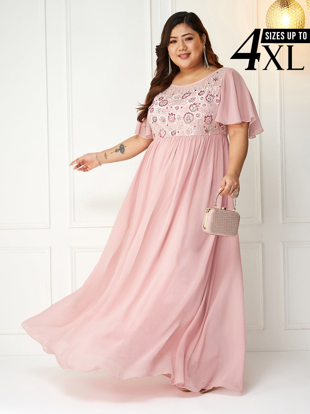 Light Pink Flared Sleeves Fit and Flare Sequinned Maxi Dress for Women