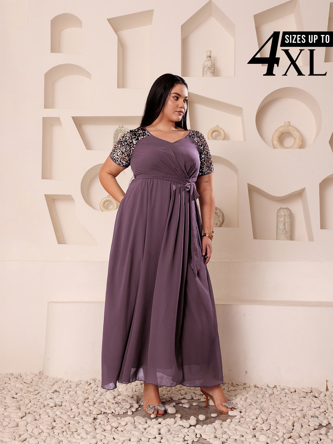 Mauve Half Sleeves Sequinned Fit and Flare Maxi Dress for Women