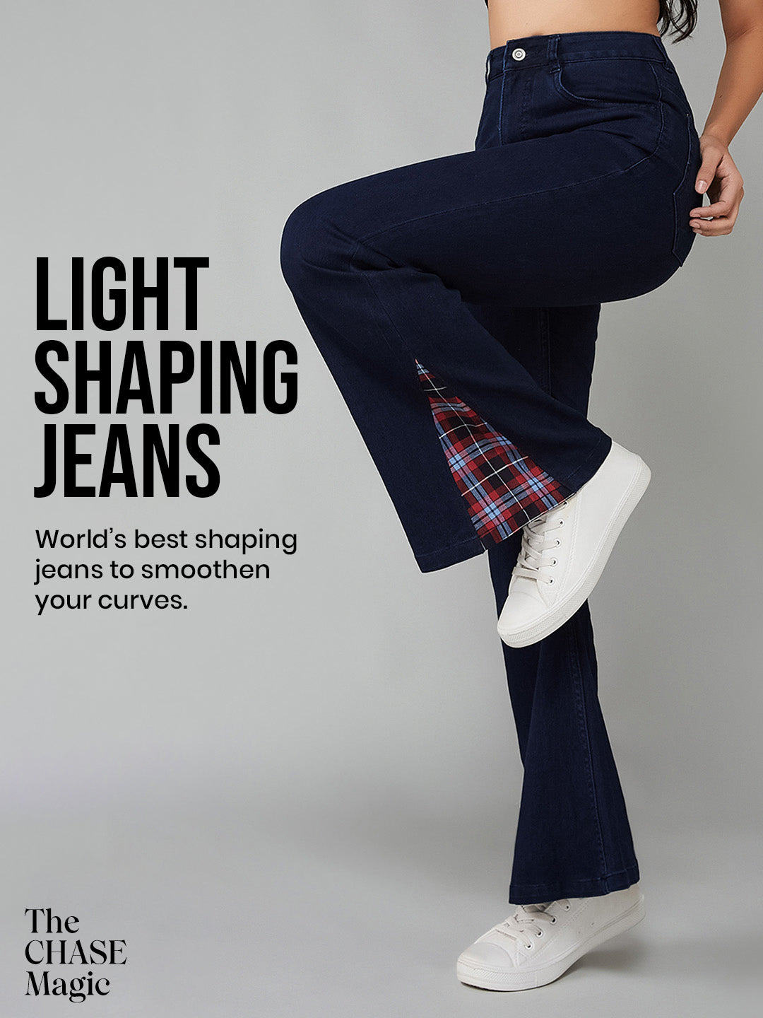 CHASEshape™ Light-Shaping Navy-Blue High-Rise Checked Peeps Stretchable Denim Bootcut Jeans for Women