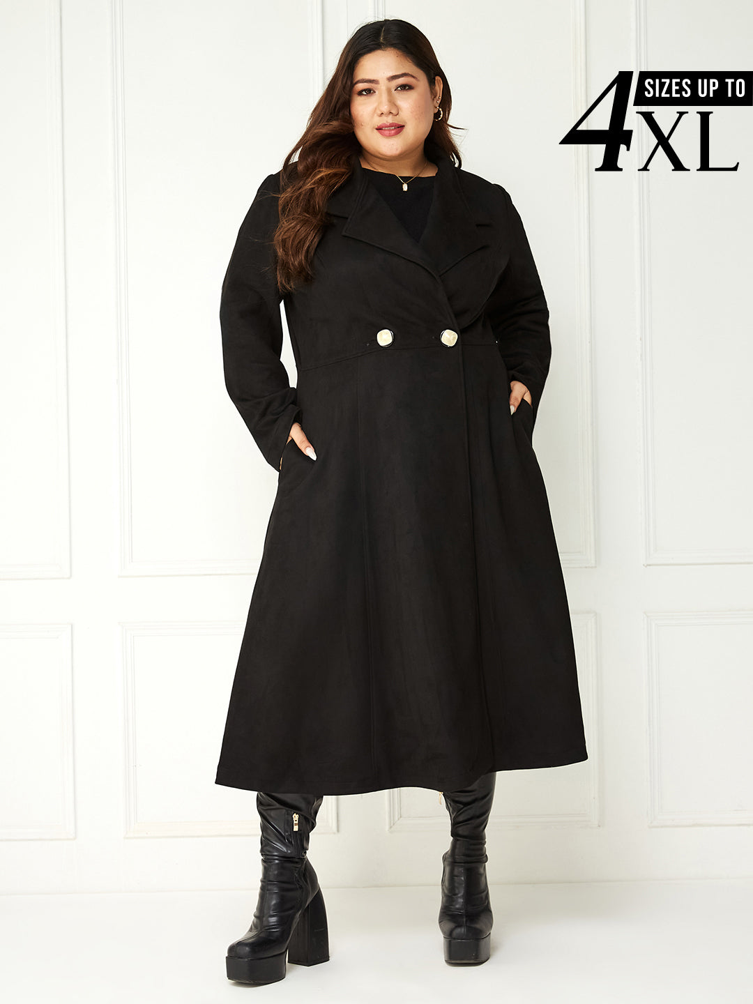 Body Bliss Black Solid Double Breasted Longline Jacket for Women