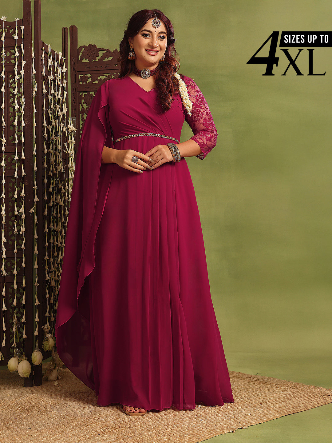 Dark Pink Assymetric Long Sleeves Lace Maxi Dress for Women