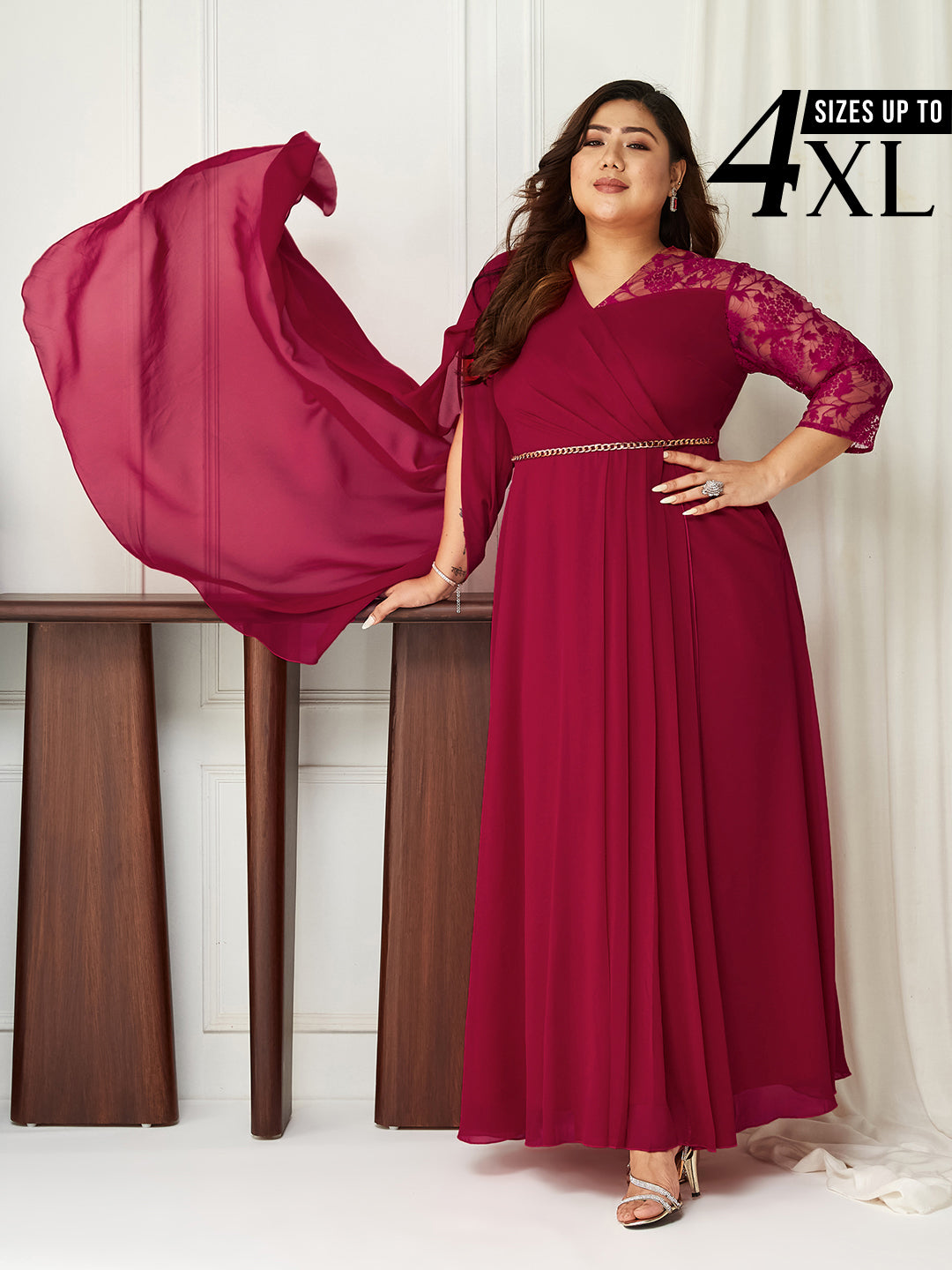 Dark Pink Assymetric Long Sleeves Lace Maxi Dress for Women