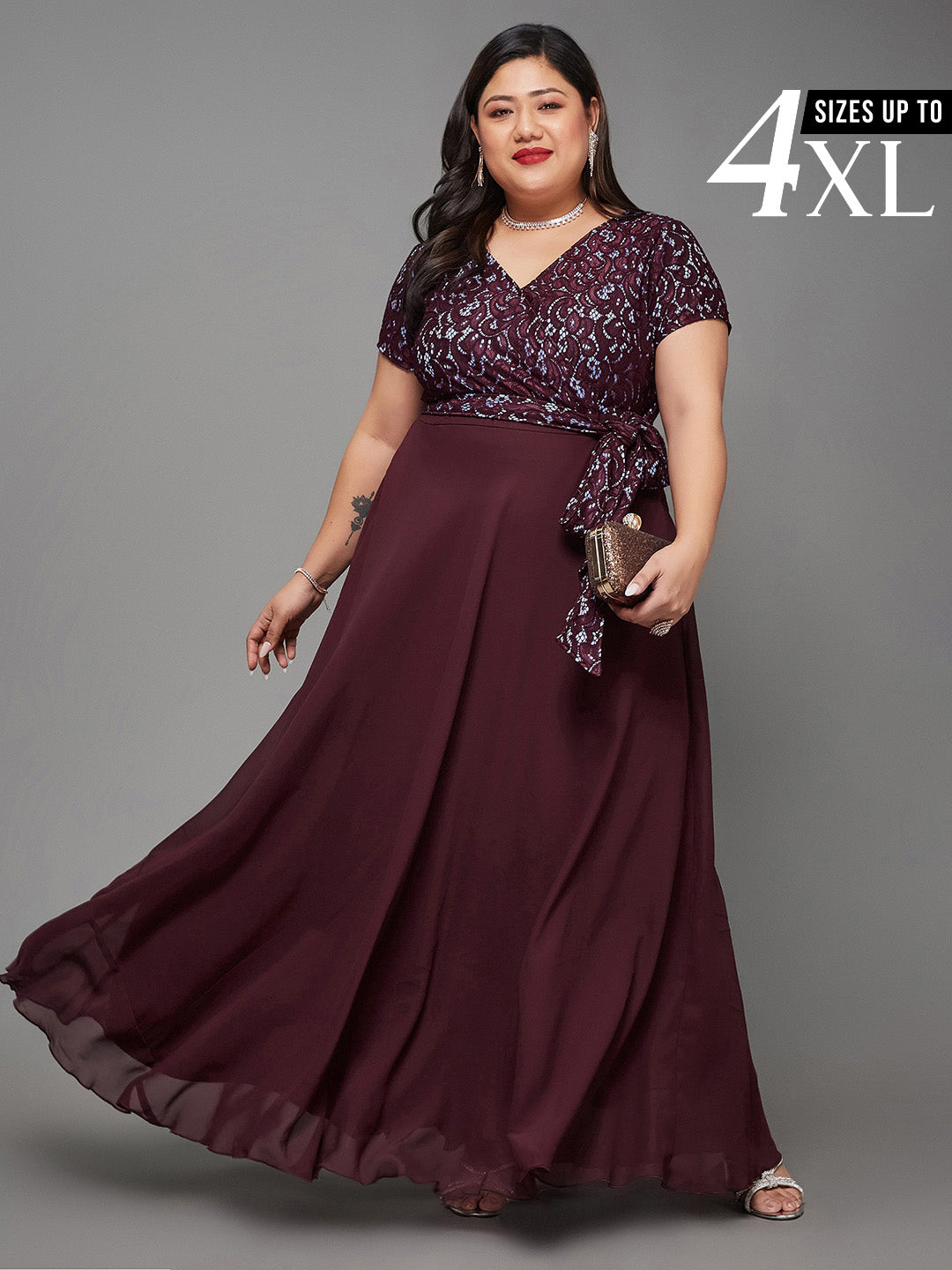 Wine Short Sleeves Wrap Fit and Flare Dress with Lace Belt for Women Wine Short Sleeves Wrap Fit and Flare Dress with Lace Belt for Women