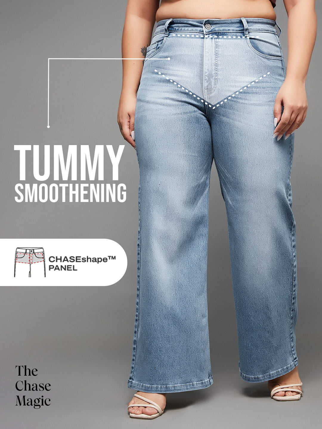 Tummy Smoothening Light-Shaping Wide-Leg High-Rise Light-Blue Denim Jeans