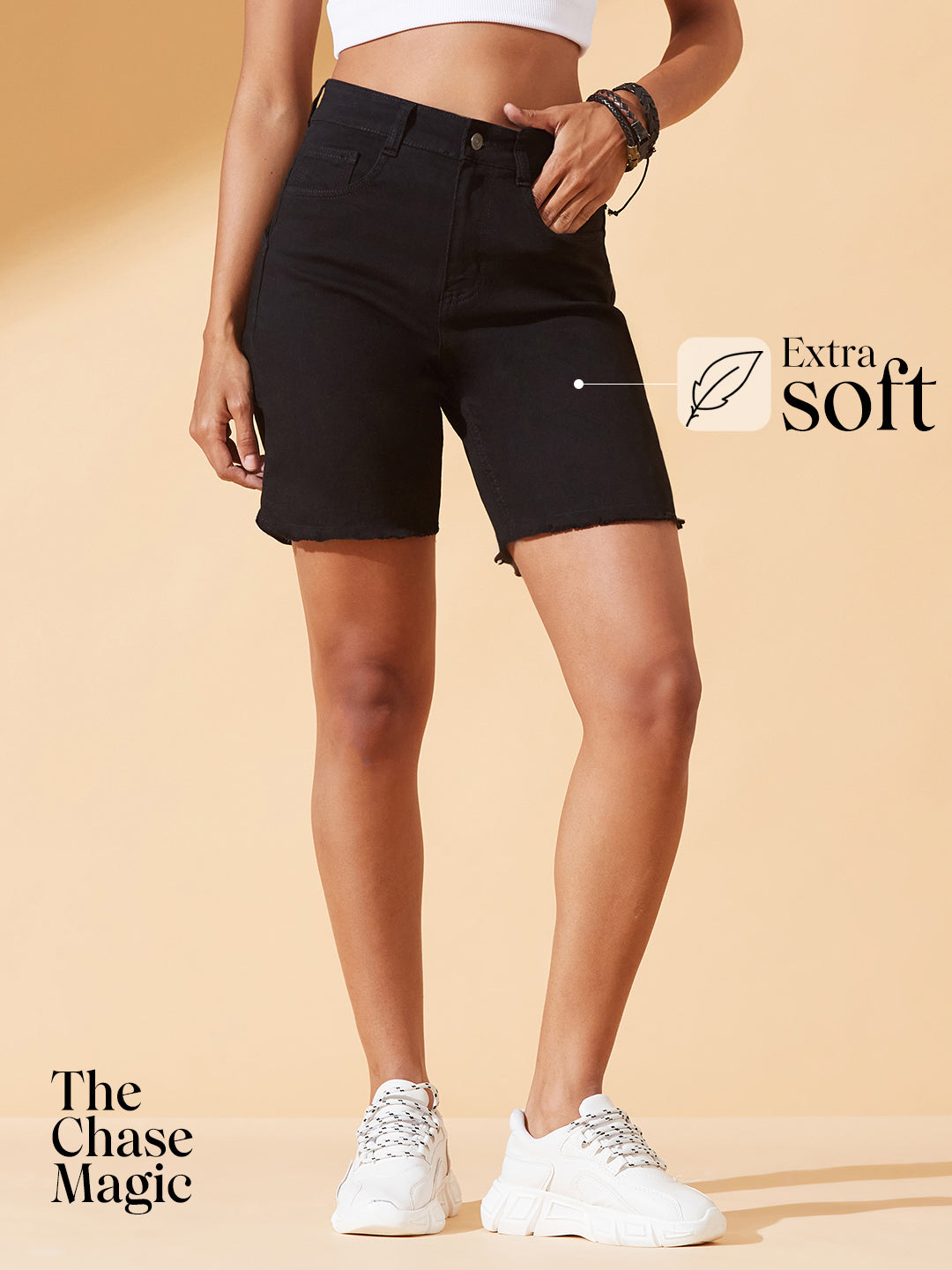 Black Regular High-Rise Above Knee Stretchable Denim Shorts for Women